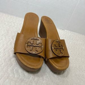Tory Burch Patty Women’s Size 9.5M Brown Leather Slide Wedge Sandals EUC